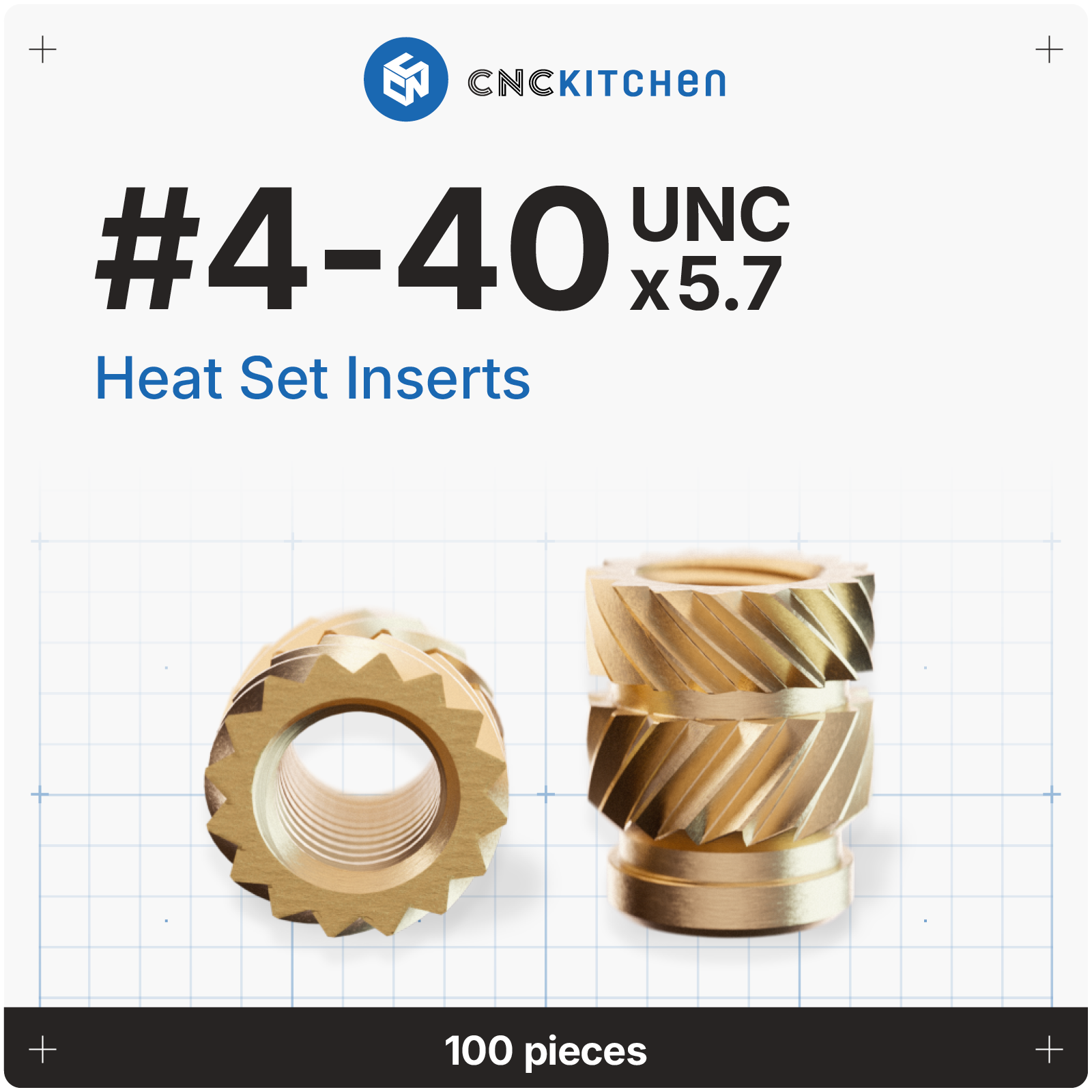 CNC Kitchen heat set inserts #4-40 UNC x 5,7 mm i messing, 100 stk.